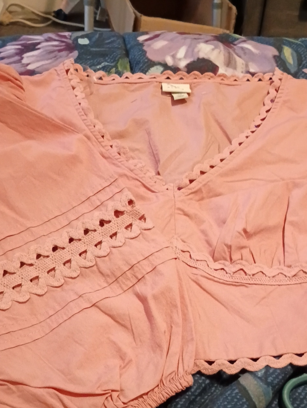 a new day Peach-Pink Crochet Trim V-Neck Blouse